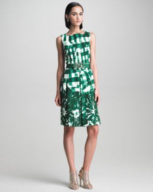 Oscar de la Renta Check and Floral Print Dress - green.jpg